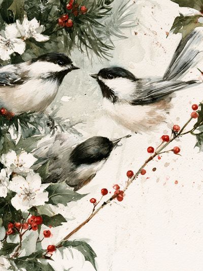 Chickadees and Winter Berries Print.