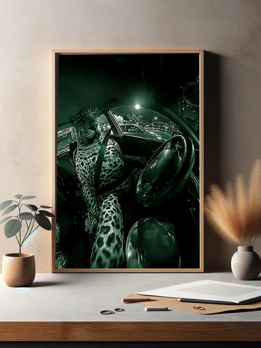 Leopard in Car Night Drive Poster. — room view 2