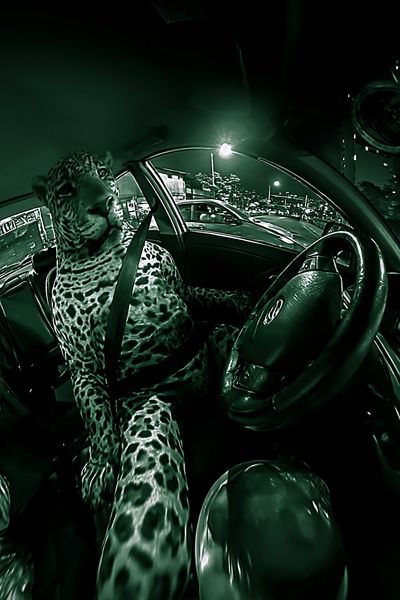 Leopard in Car Night Drive Poster.