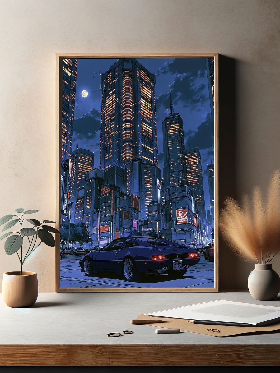 Neon Tokyo Nightscape Illustration Poster. — room view 2
