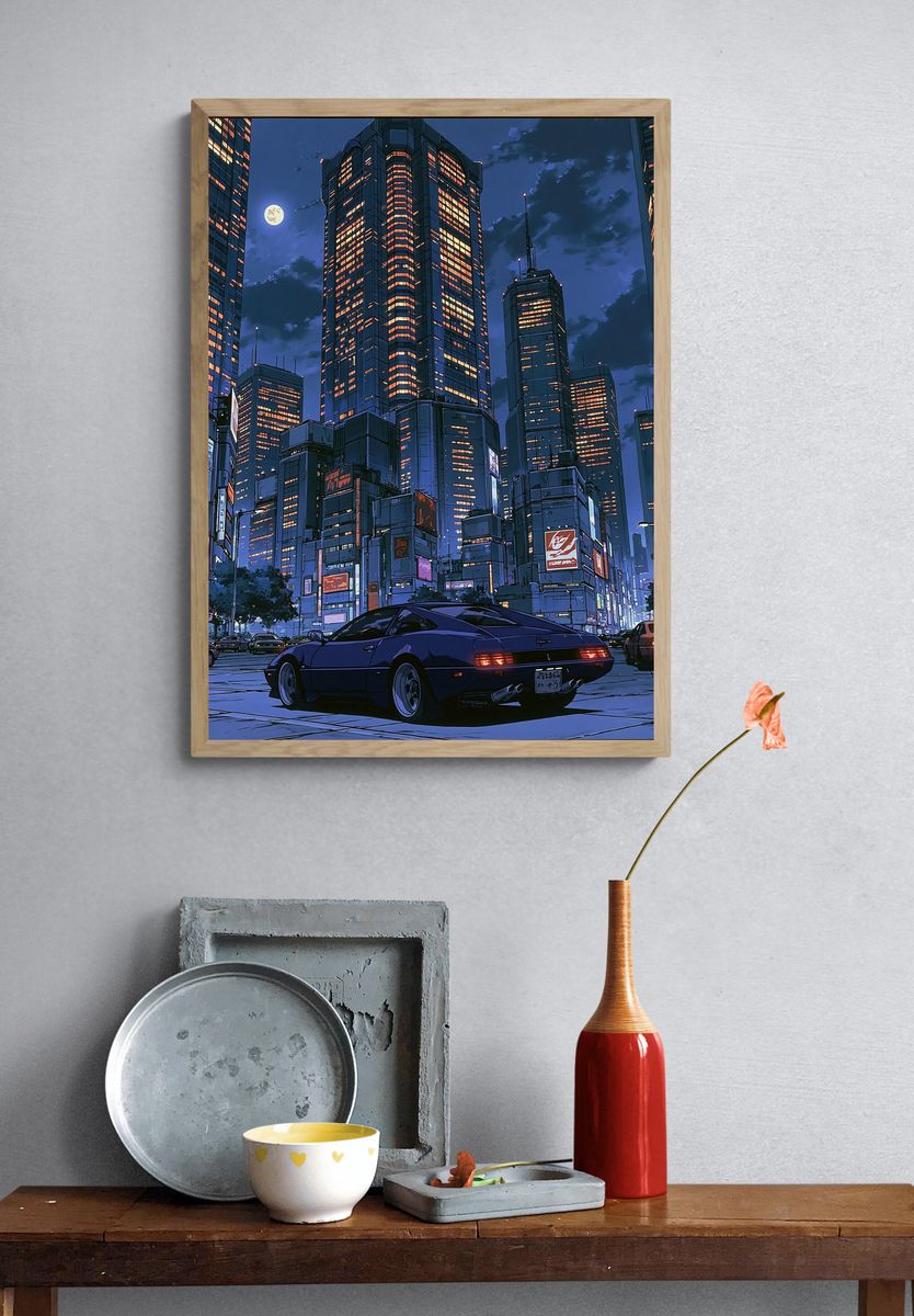 Neon Tokyo Nightscape Illustration Poster. — room view 3