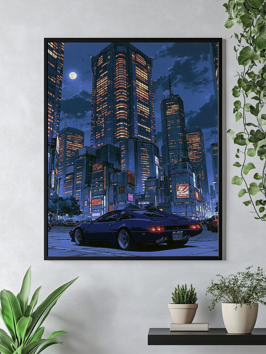 Neon Tokyo Nightscape Illustration Poster. — room view 4
