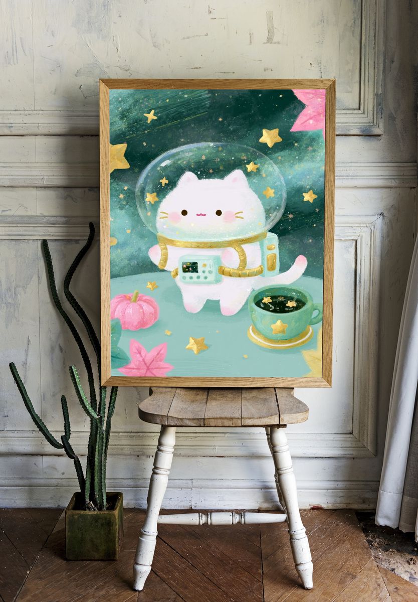 Astronaut Cat Digital Art Poster. room preview