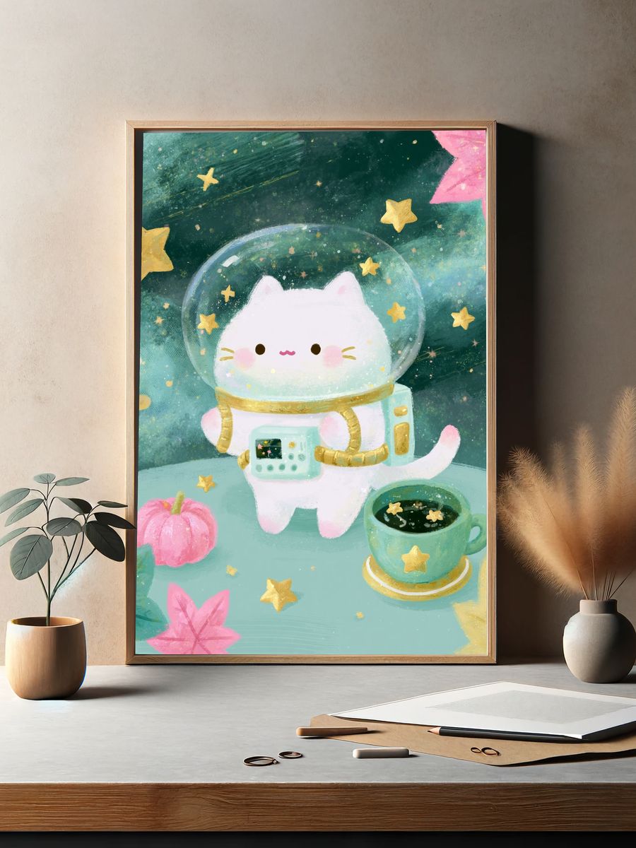 Astronaut Cat Digital Art Poster. — room view 2