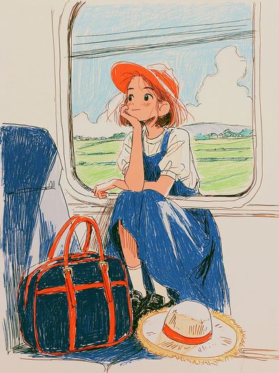 Train Window Girl Illustration Poster.