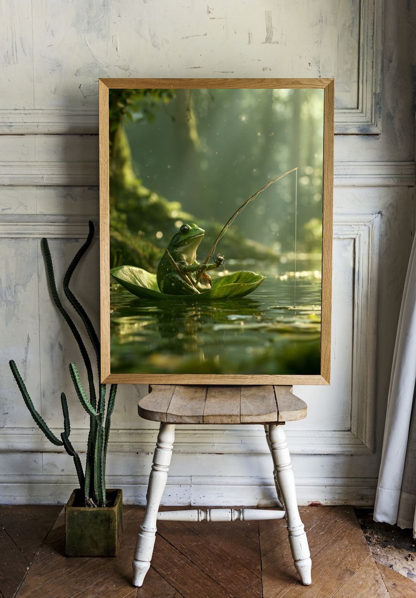 Fishing Frog in Forest Pond Poster. room preview