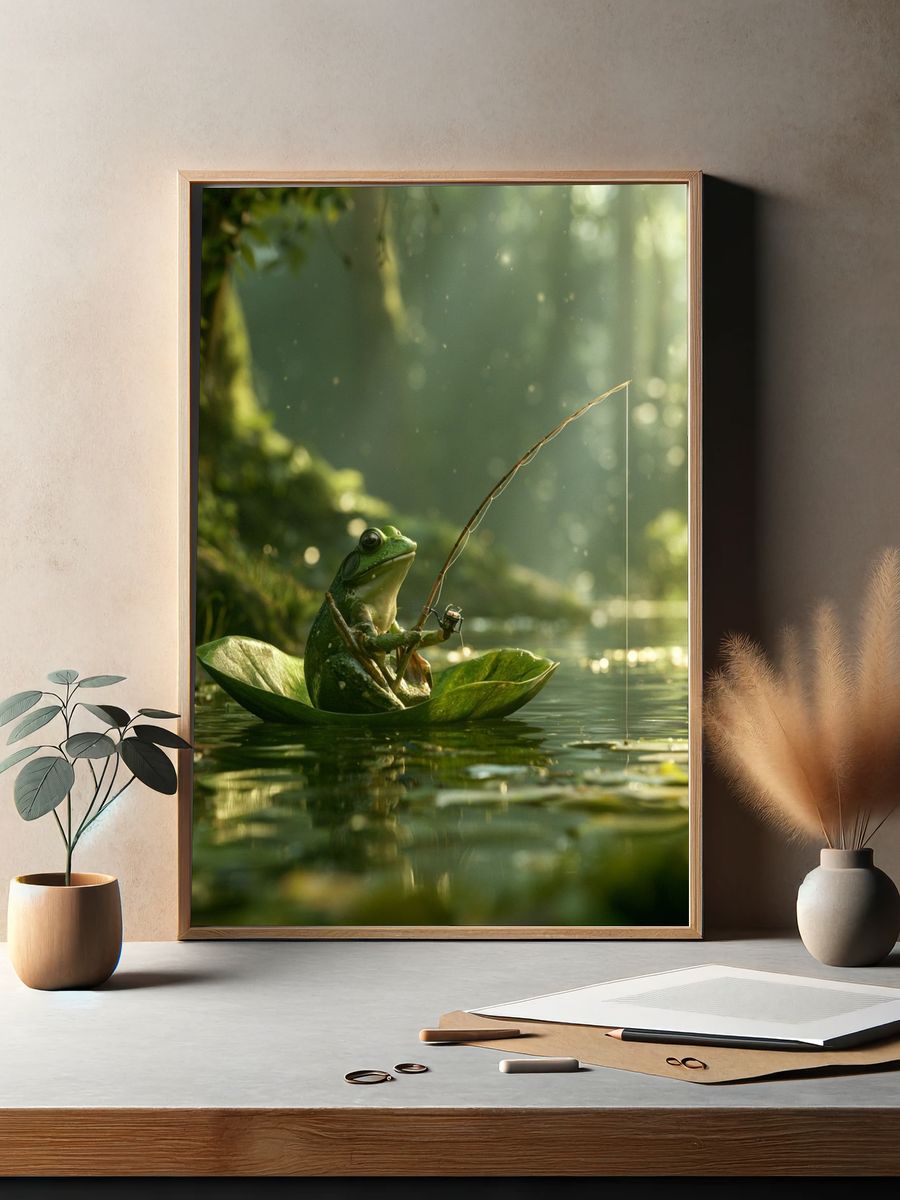 Fishing Frog in Forest Pond Poster. — room view 2