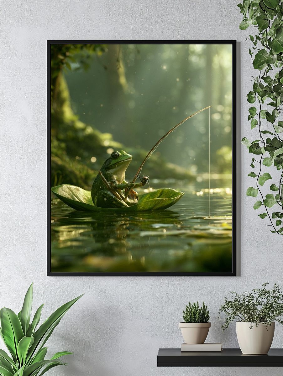 Fishing Frog in Forest Pond Poster. — room view 4