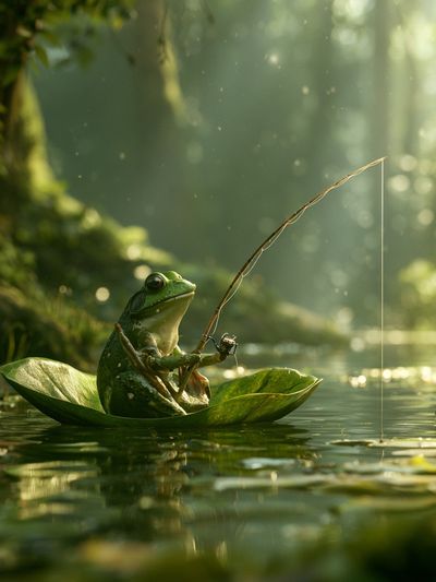 Fishing Frog in Forest Pond Poster.