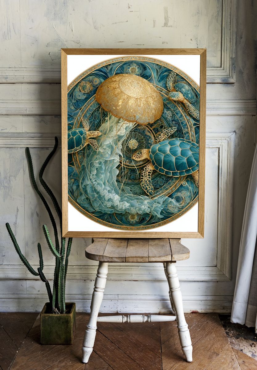 Sea Turtles Mandala Illustration Poster. — room view 1