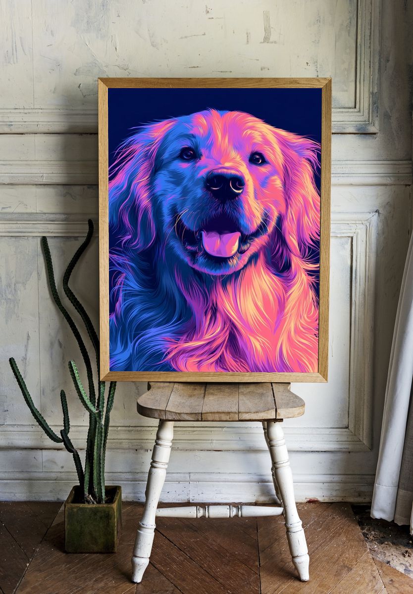 Neon Golden Retriever Illustration Poster. room preview