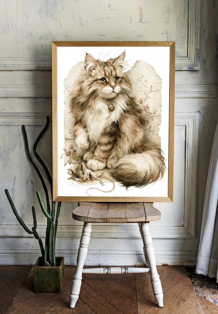 Fluffy Cat and Mouse Illustration Poster. — room view 1