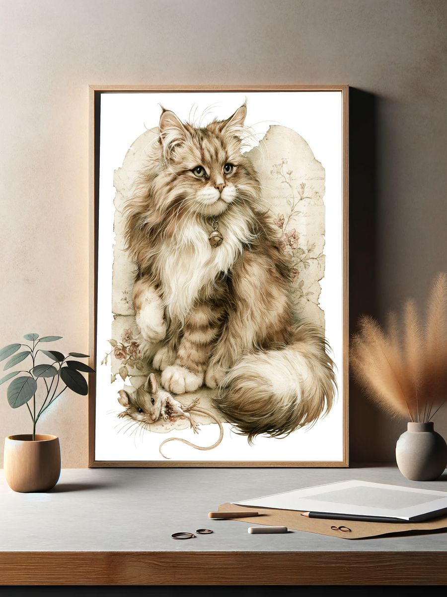 Fluffy Cat and Mouse Illustration Poster. — room view 2