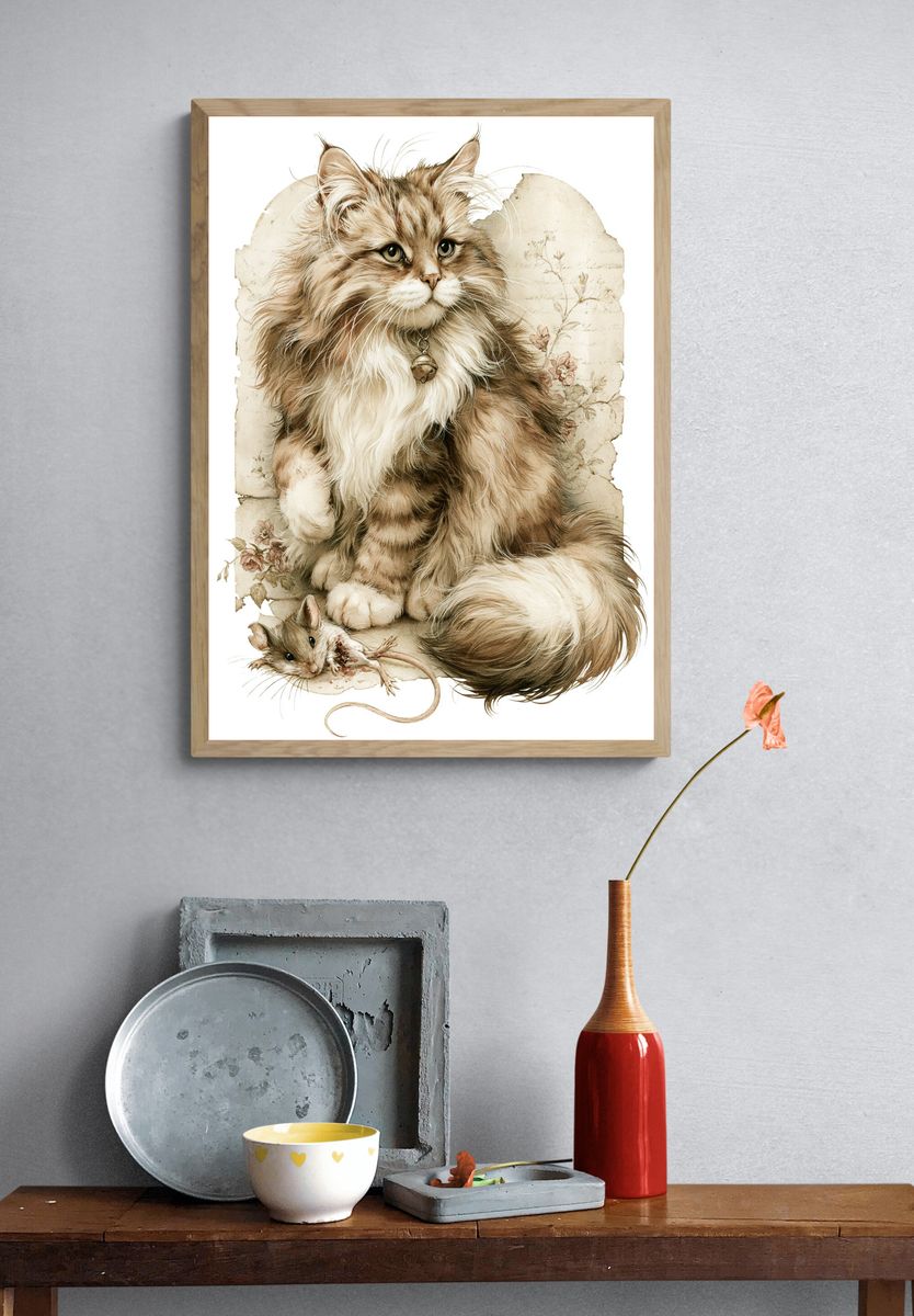 Fluffy Cat and Mouse Illustration Poster. — room view 3