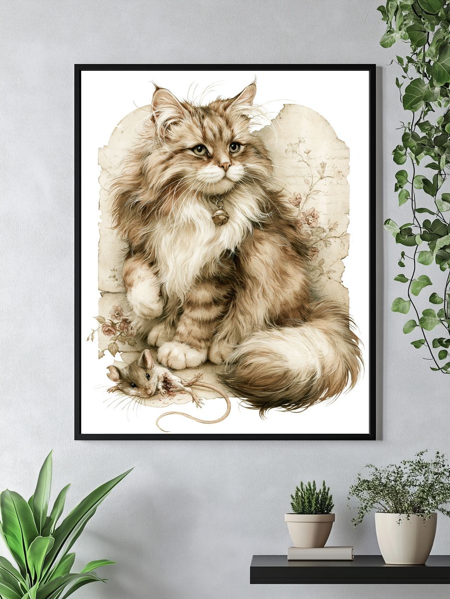 Fluffy Cat and Mouse Illustration Poster. — room view 4