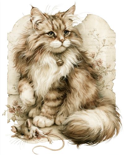 Fluffy Cat and Mouse Illustration Poster.