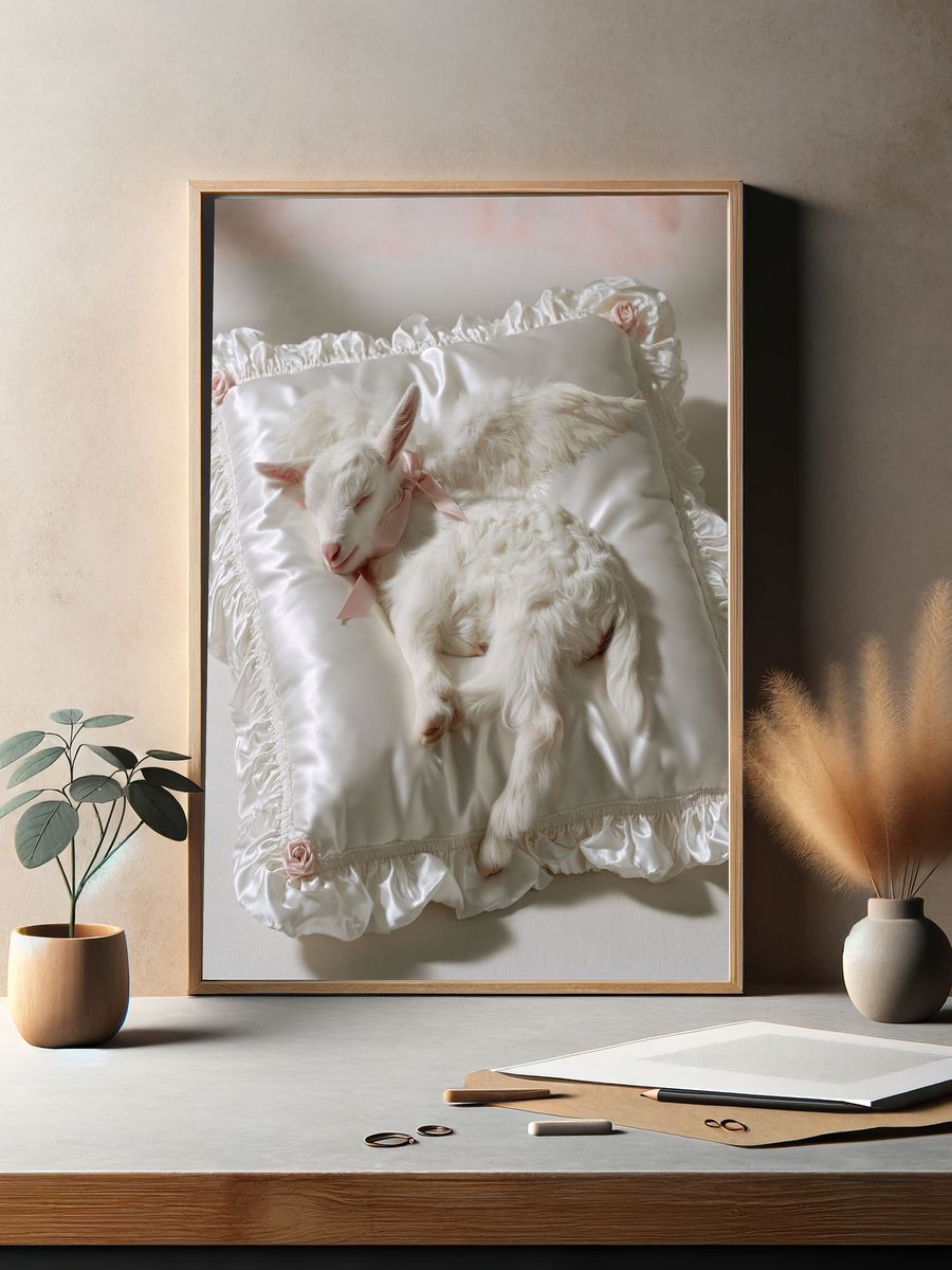 Sleeping Baby Goat Photography Poster. — room view 2
