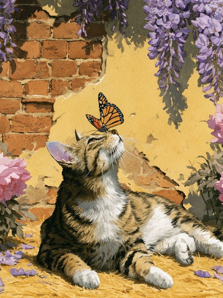 Cat and Butterfly Botanical Print. poster — animals art