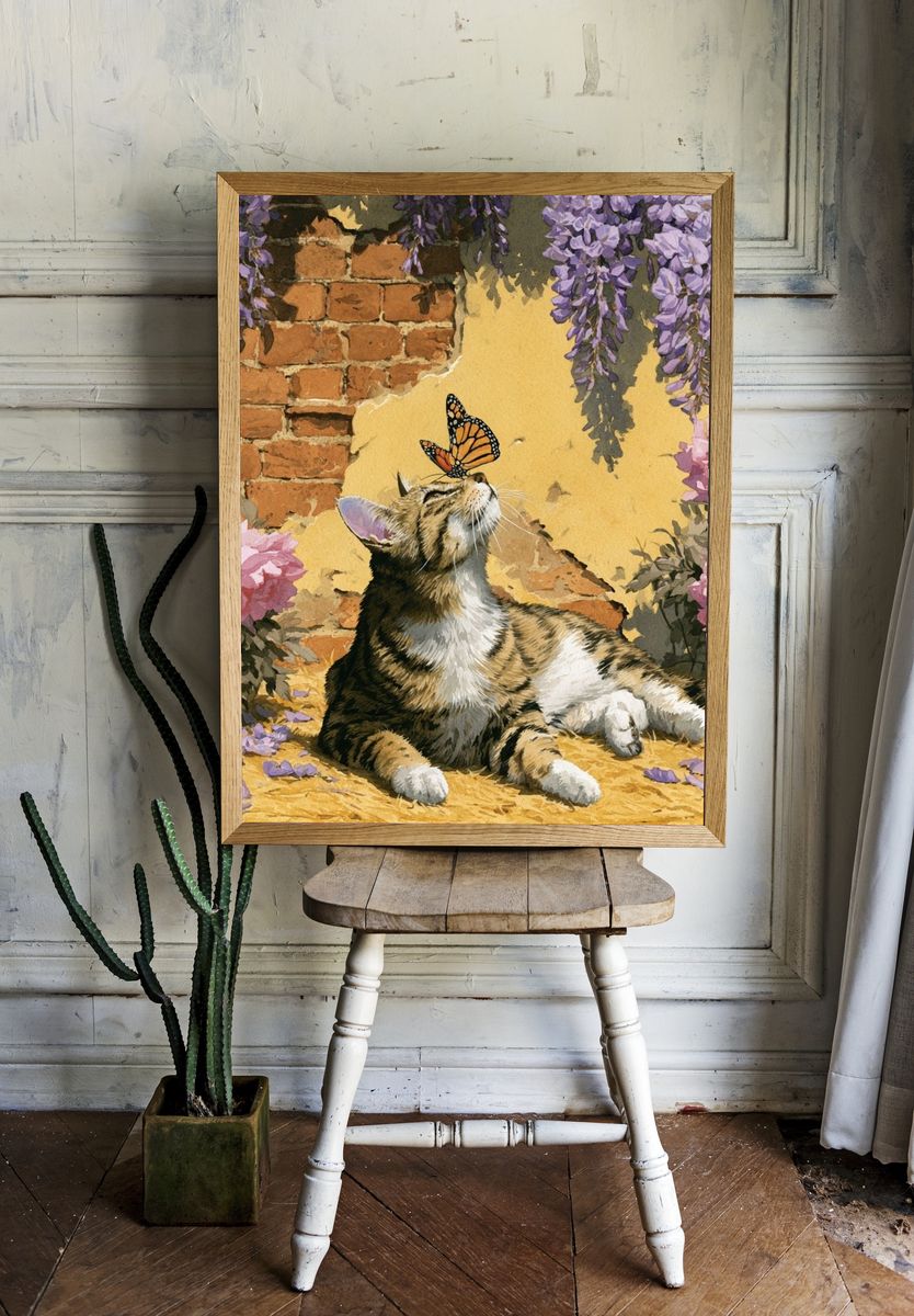 Cat and Butterfly Botanical Print. — room view 1