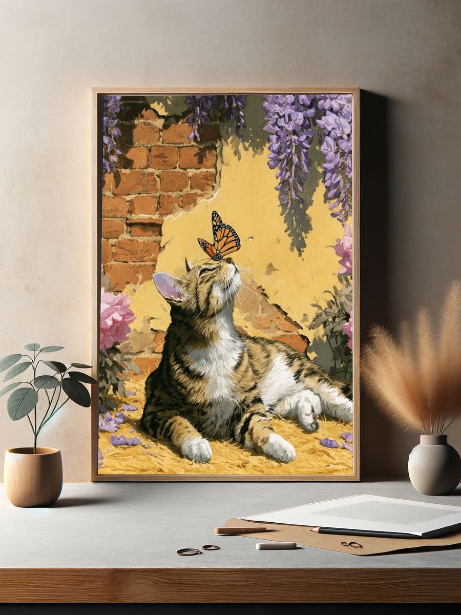 Cat and Butterfly Botanical Print. — room view 2