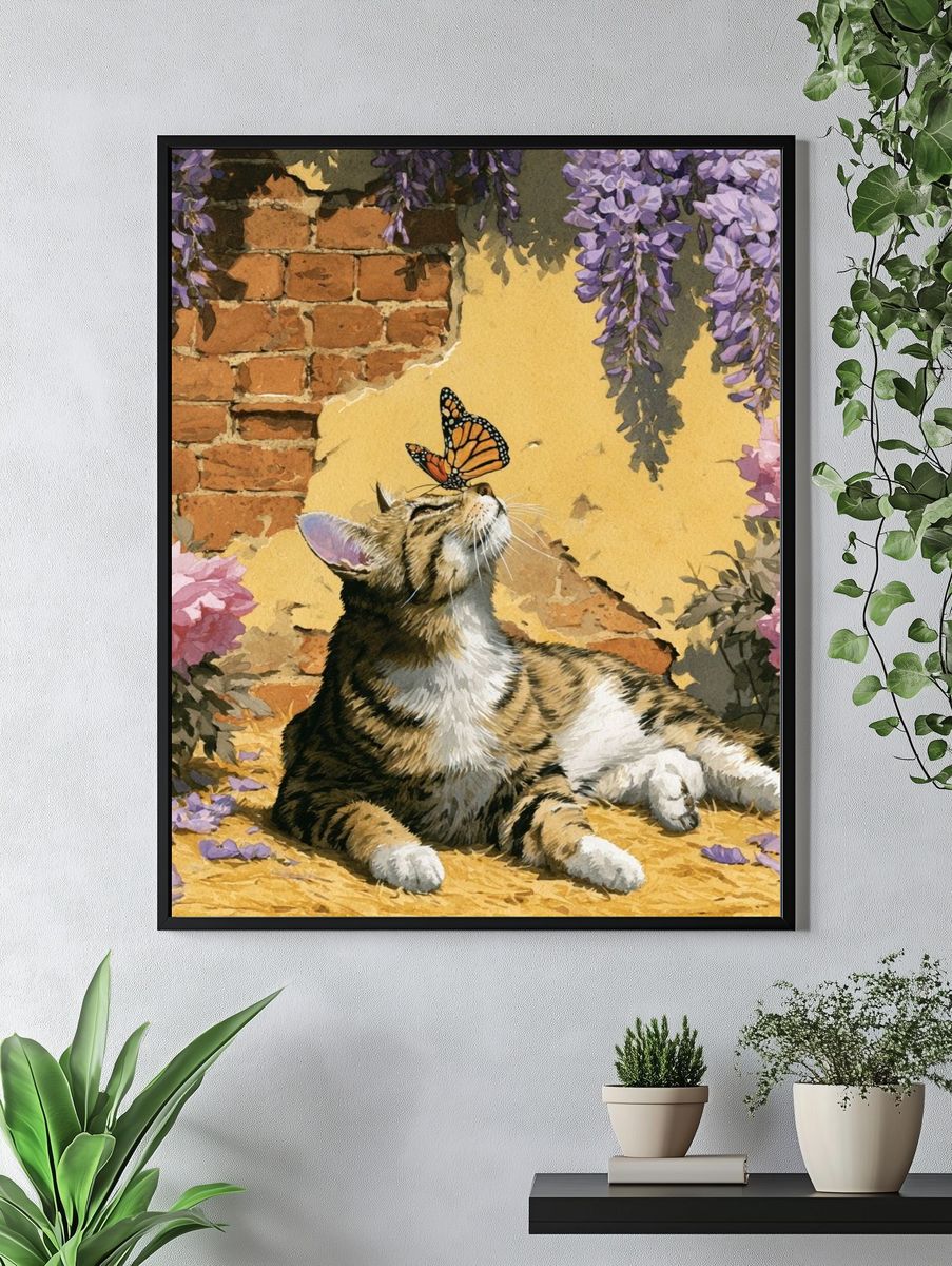 Cat and Butterfly Botanical Print. — room view 4