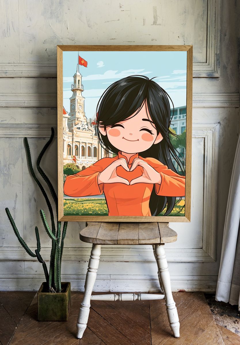 Smiling Girl in Orange Illustration Poster. room preview
