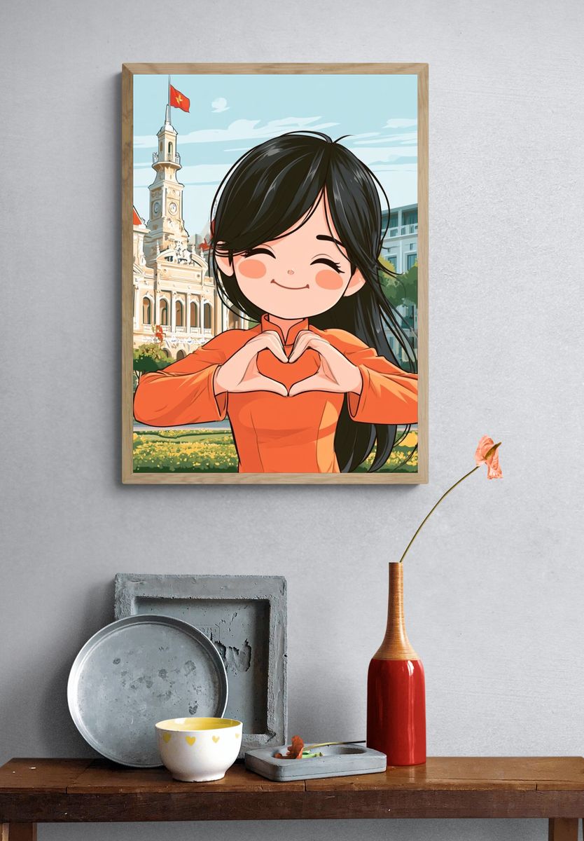 Smiling Girl in Orange Illustration Poster. — room view 3