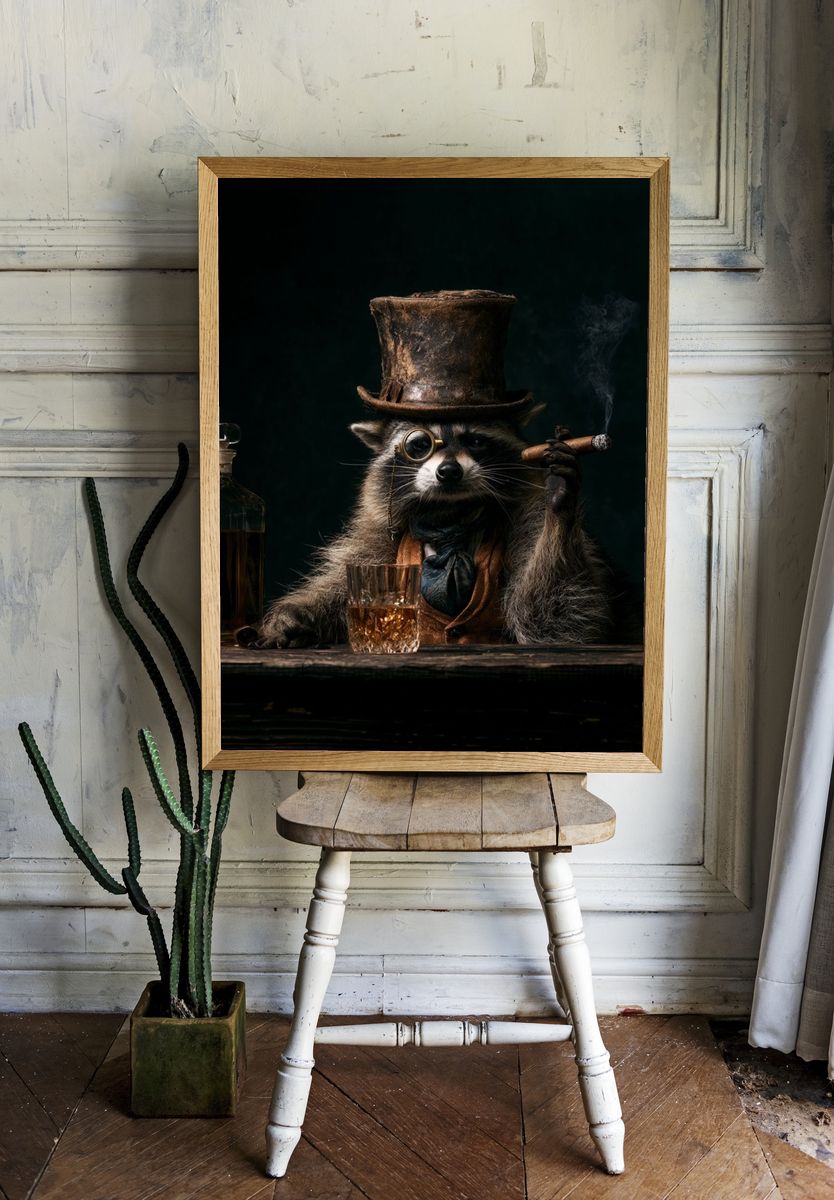 Gentleman Raccoon Portrait Print. room preview