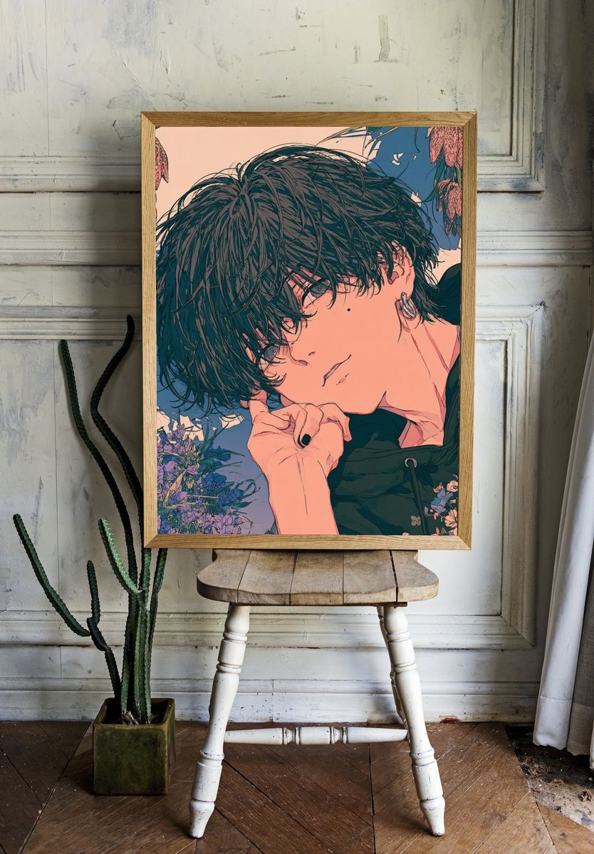 Anime Floral Portrait Print. room preview