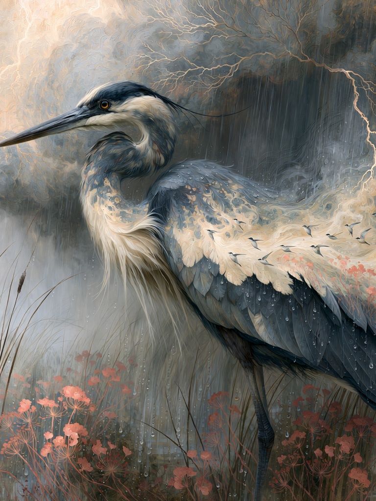 Heron in Rain — Illustration Print. poster — animals art