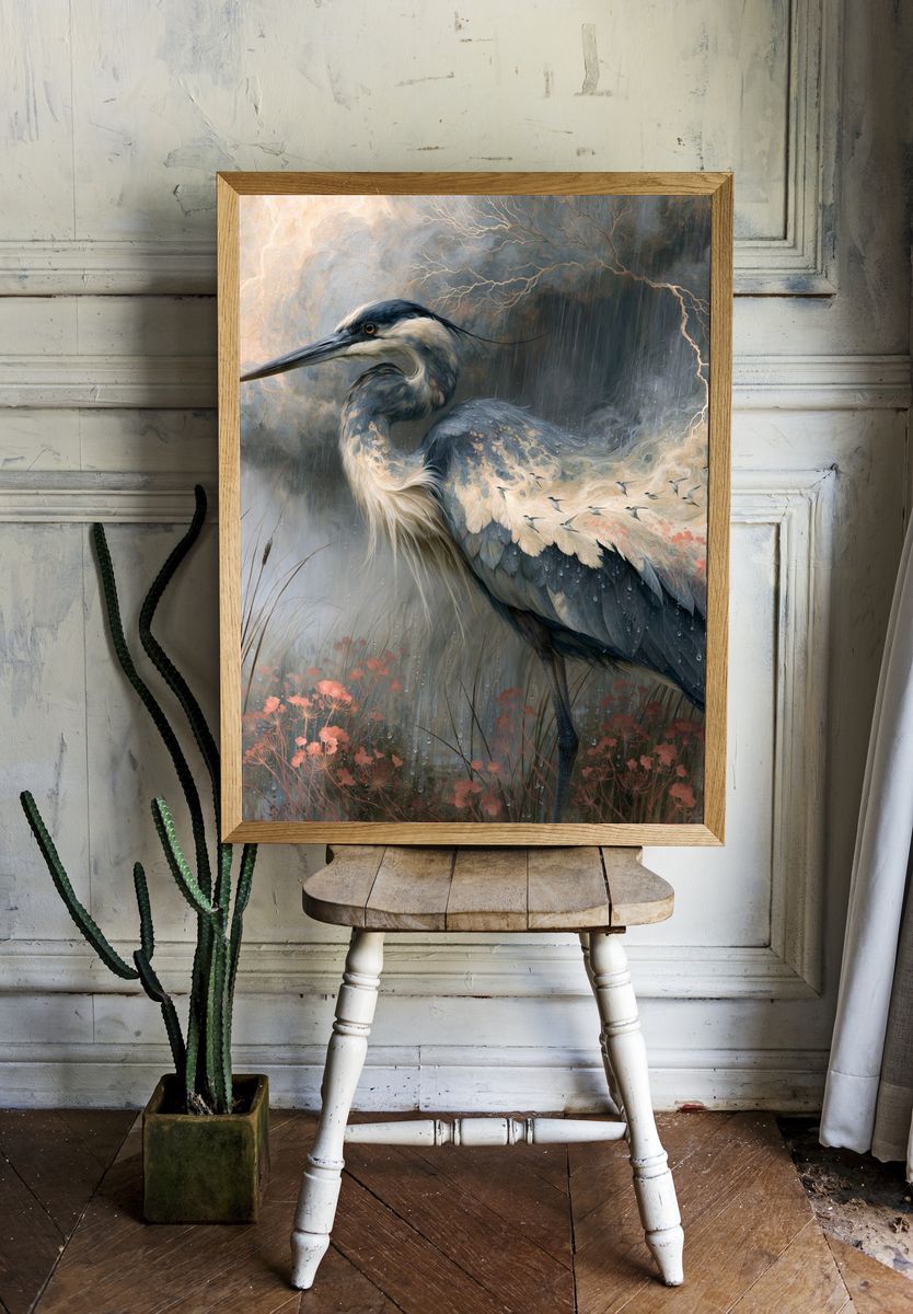 Heron in Rain — Illustration Print. — room view 1