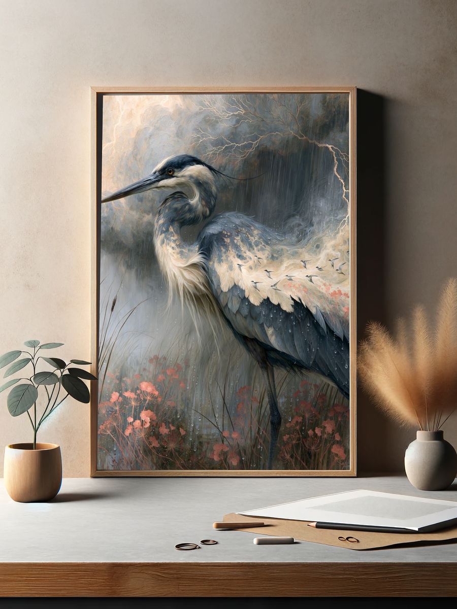 Heron in Rain — Illustration Print. — room view 2