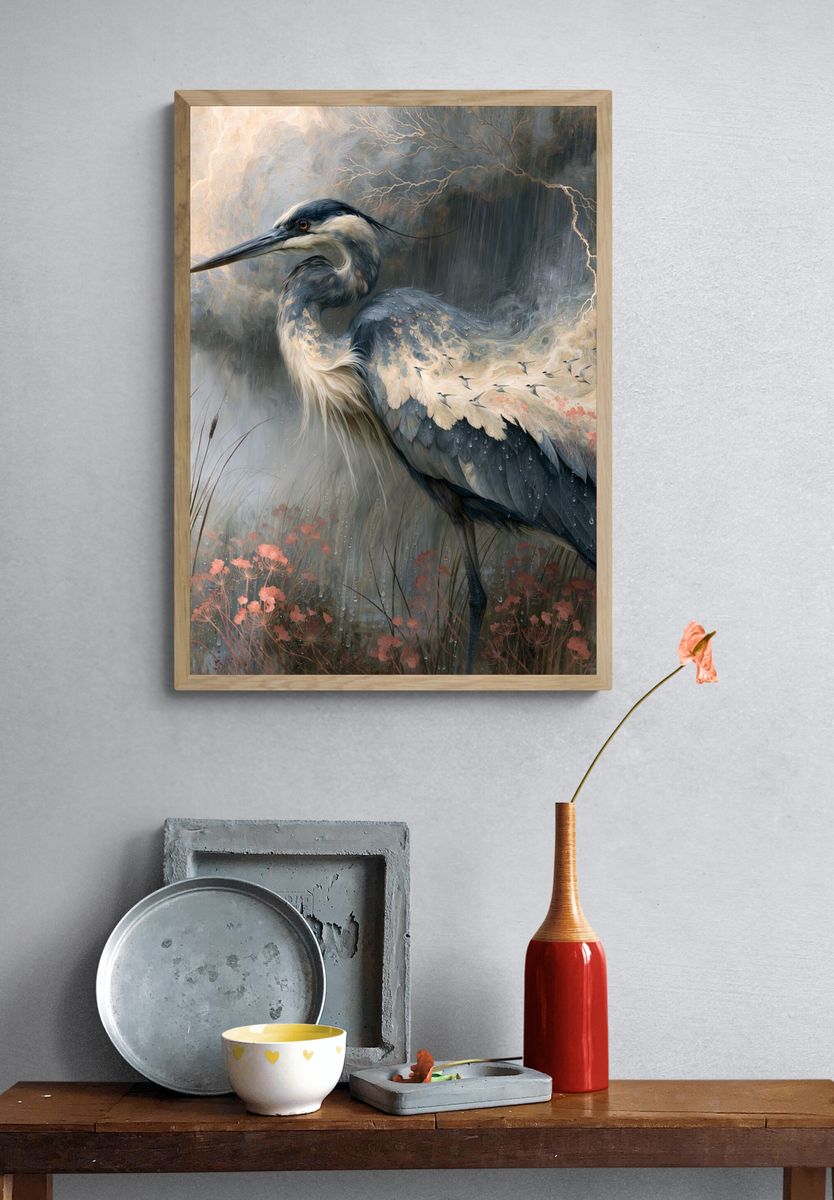 Heron in Rain — Illustration Print. — room view 3