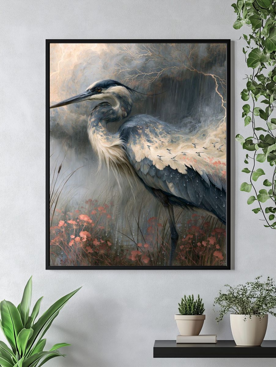 Heron in Rain — Illustration Print. — room view 4
