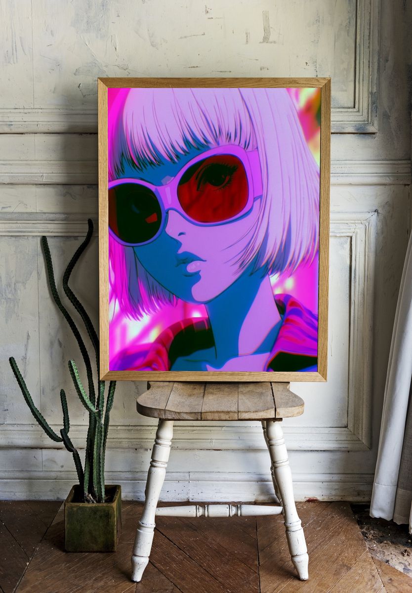 Neon Anime Girl Portrait Poster. — room view 1