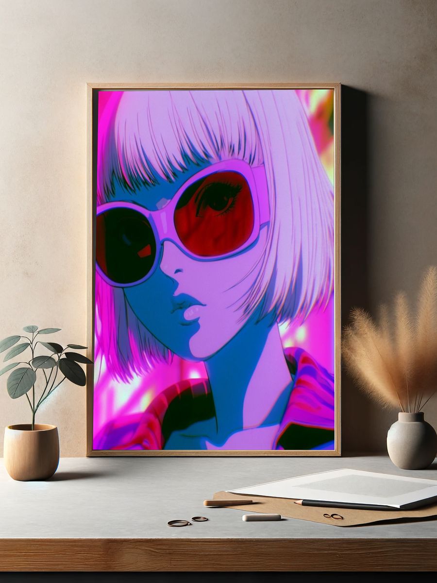 Neon Anime Girl Portrait Poster. — room view 2