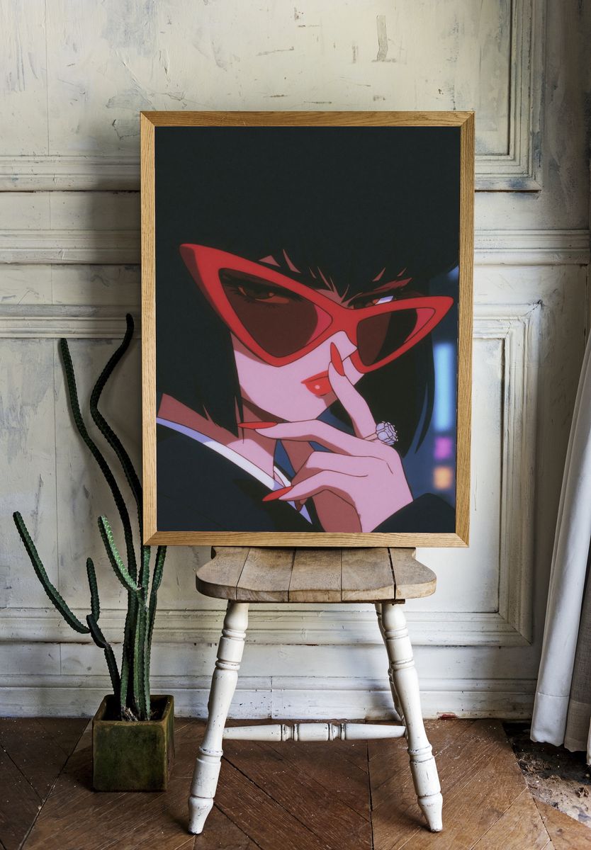Anime Woman in Red Glasses Poster. room preview