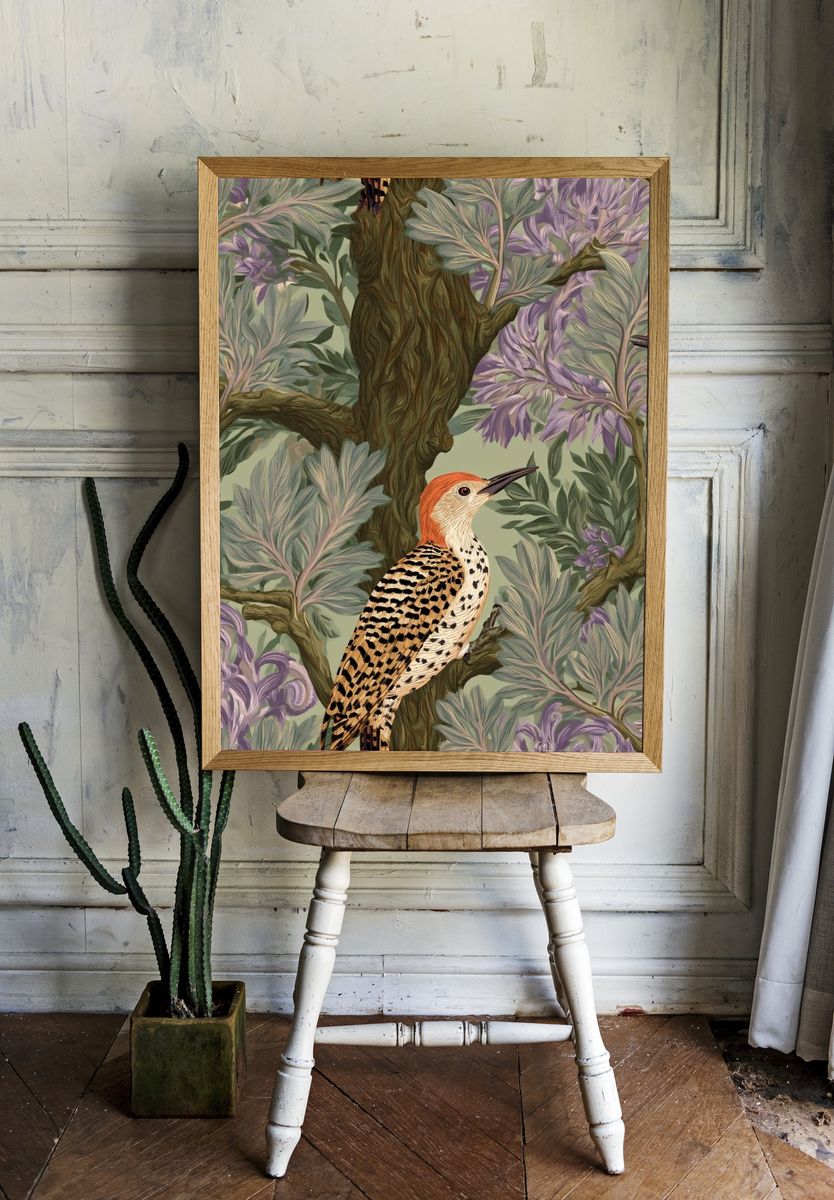 Woodpecker Botanical Print. room preview