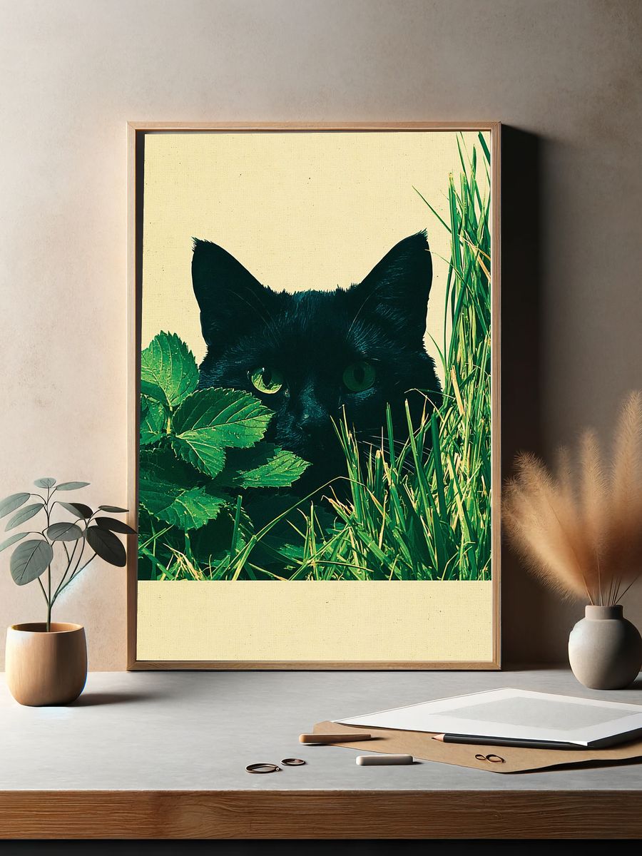 Black Cat in Grass Poster. — room view 2
