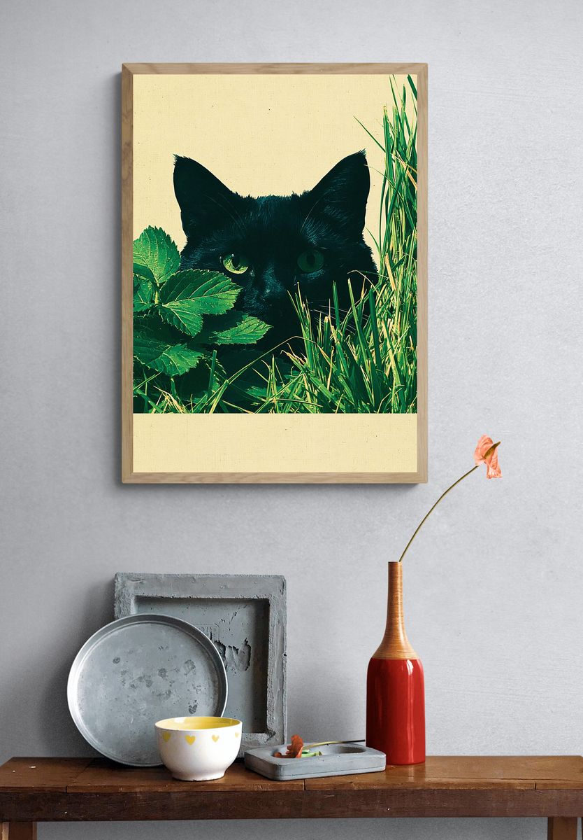 Black Cat in Grass Poster. — room view 3