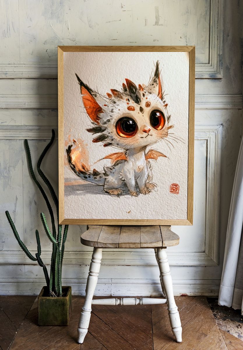 Cute Dragon Kitten Watercolor Poster. room preview