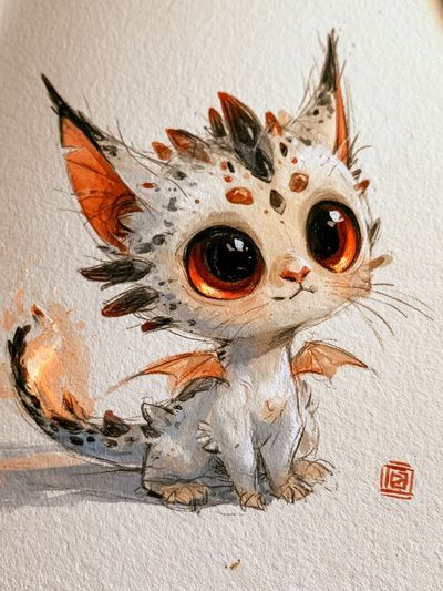 Cute Dragon Kitten Watercolor Poster.