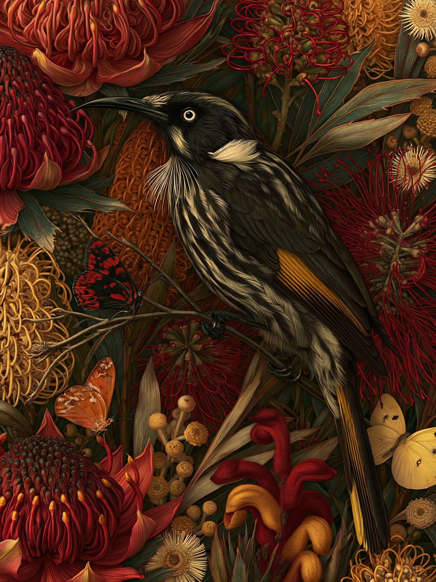 Tui Among Native Blooms Print. poster detail
