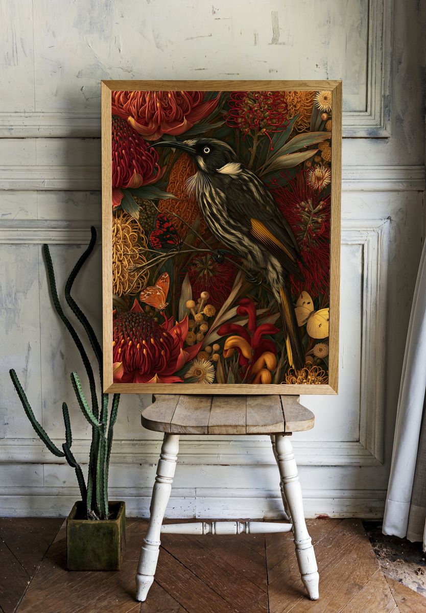 Tui Among Native Blooms Print. — room view 1