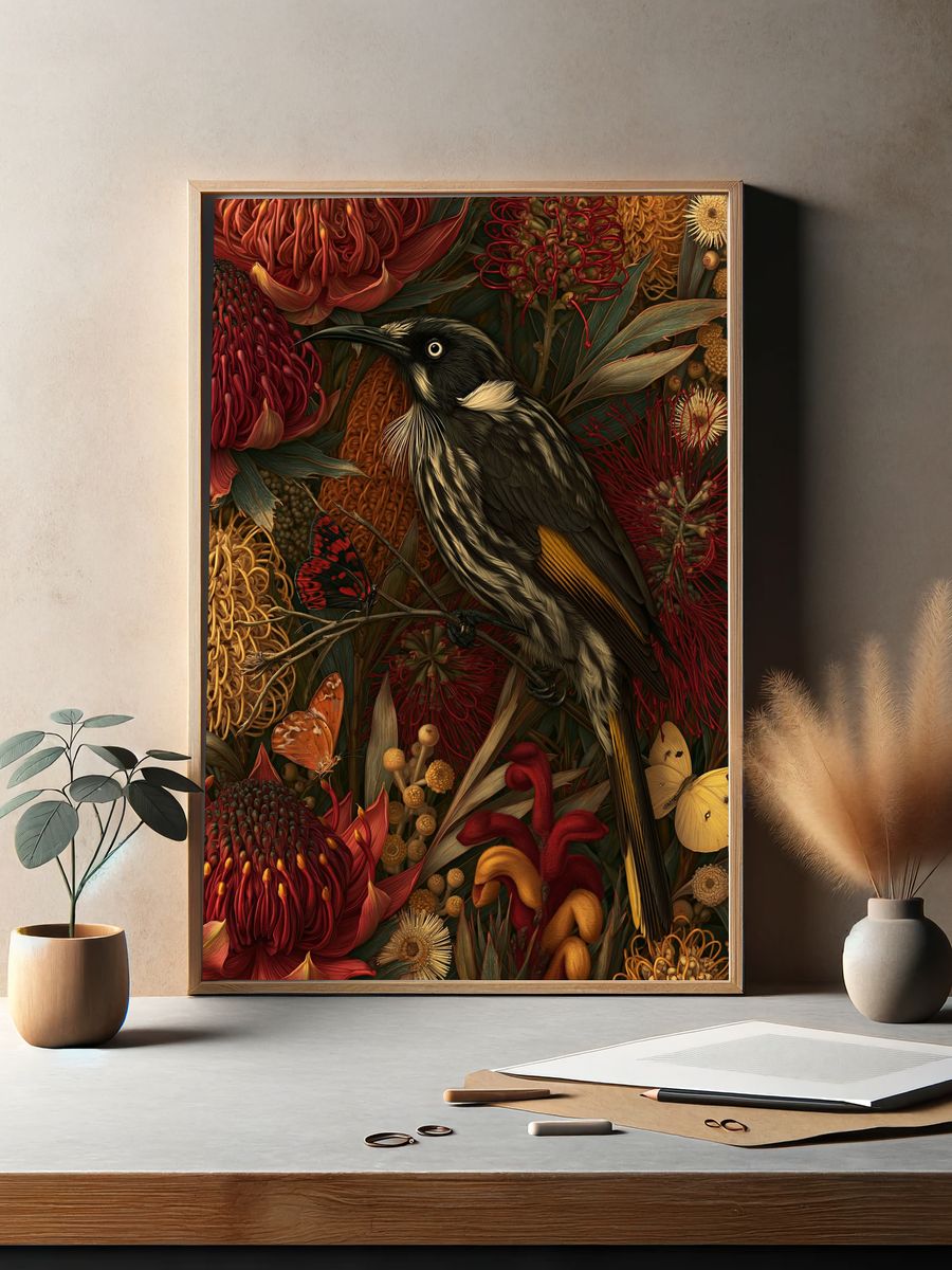 Tui Among Native Blooms Print. — room view 2