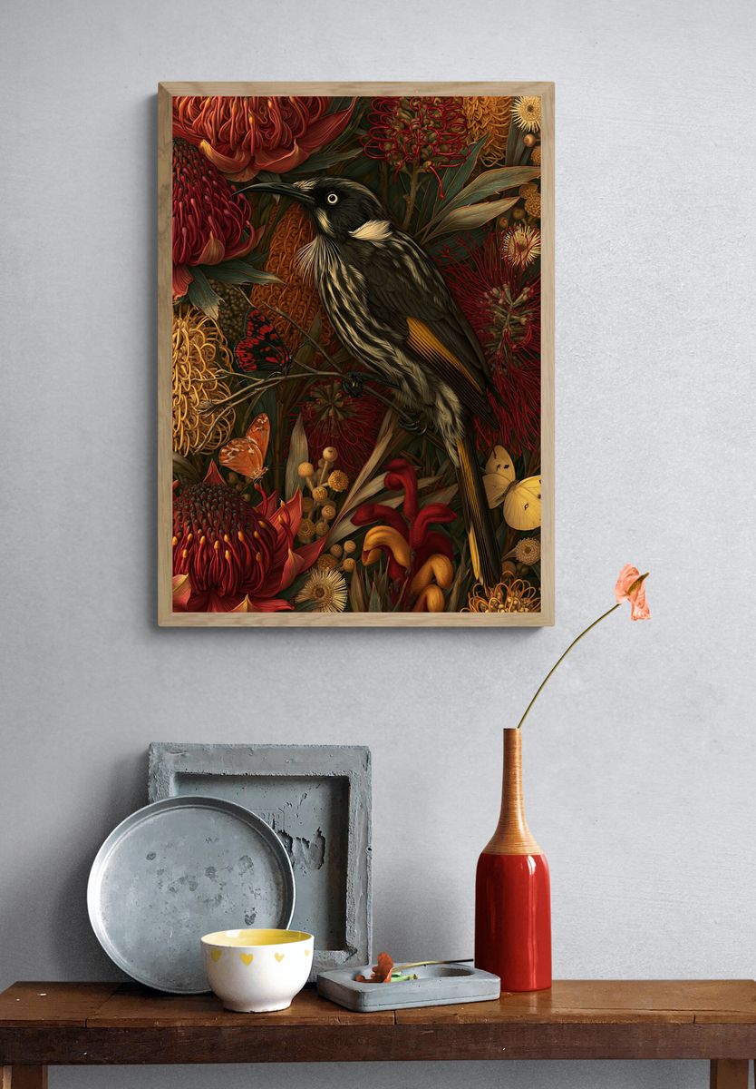 Tui Among Native Blooms Print. — room view 3