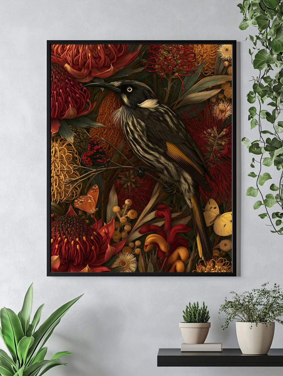 Tui Among Native Blooms Print. — room view 4