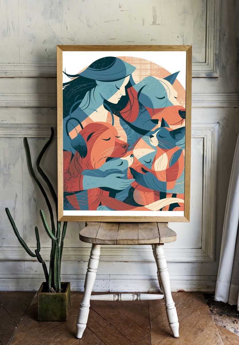 Sleeping Cats and Dog Illustration Poster. room preview