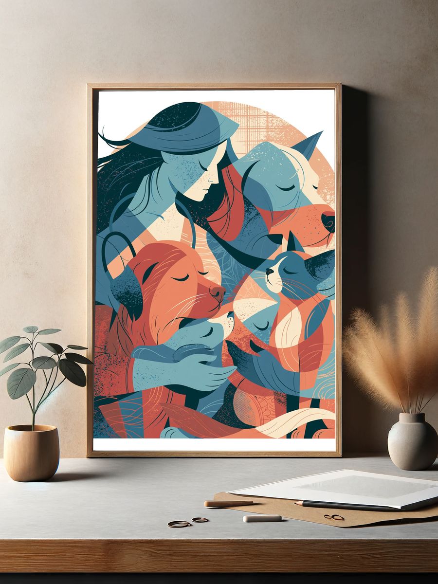 Sleeping Cats and Dog Illustration Poster. — room view 2