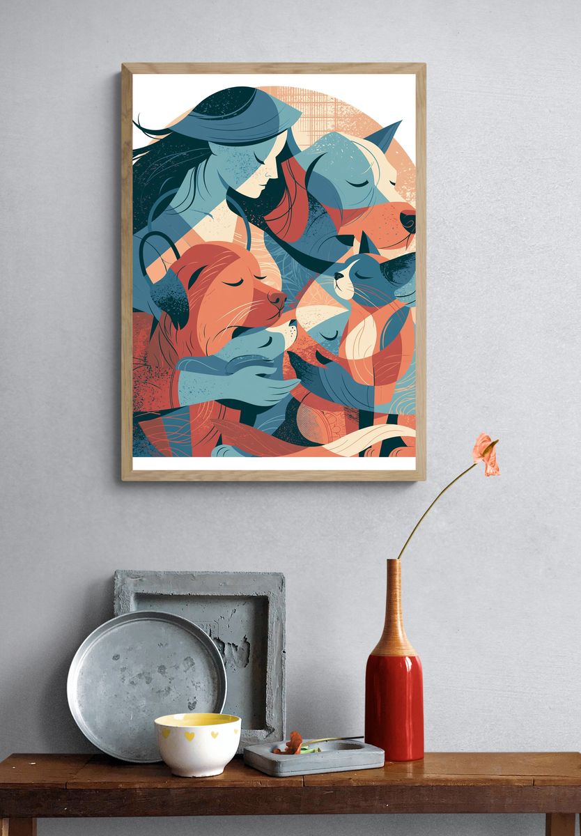 Sleeping Cats and Dog Illustration Poster. — room view 3